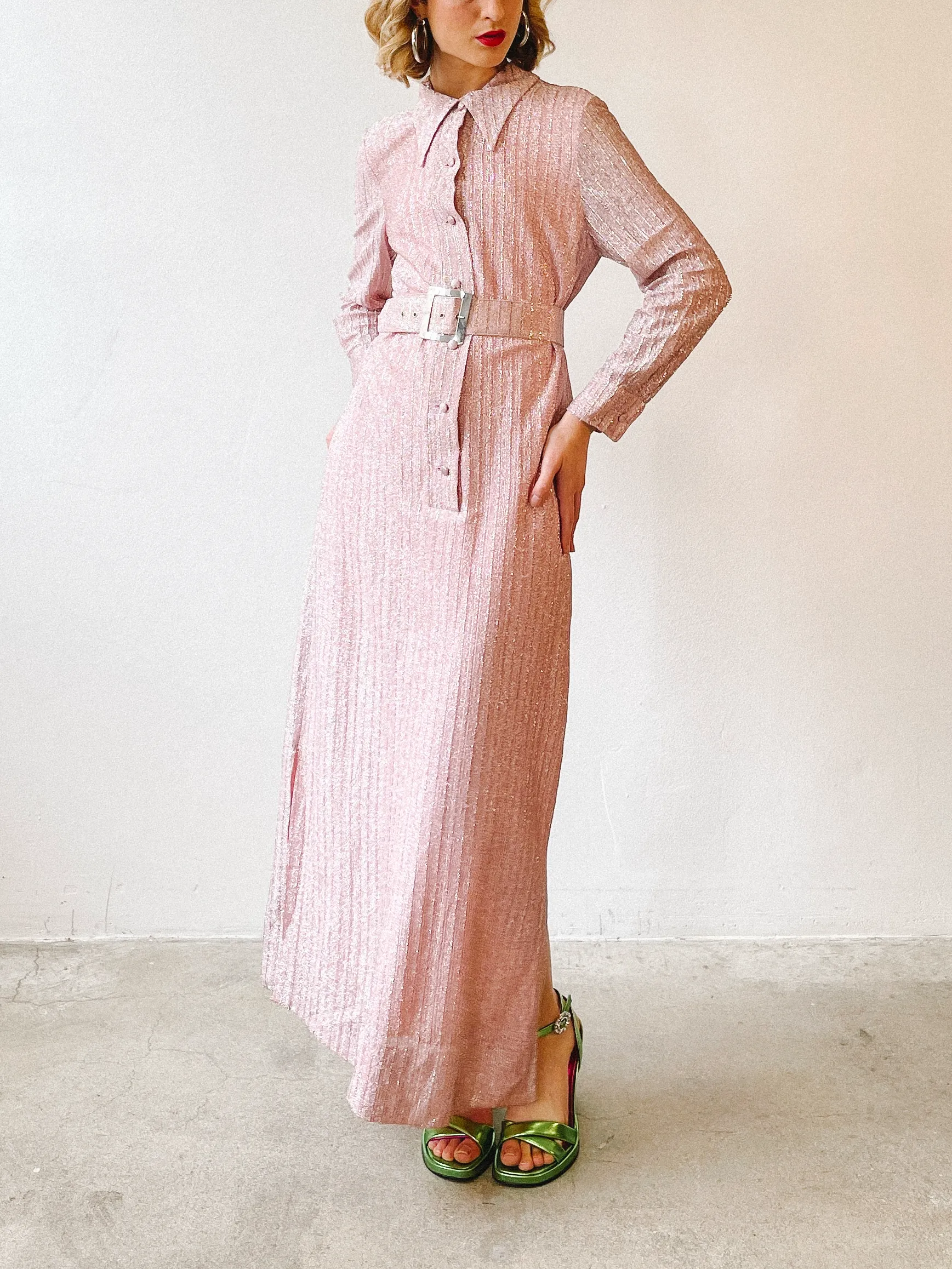 1970's Pink Metallic Shirt Dress