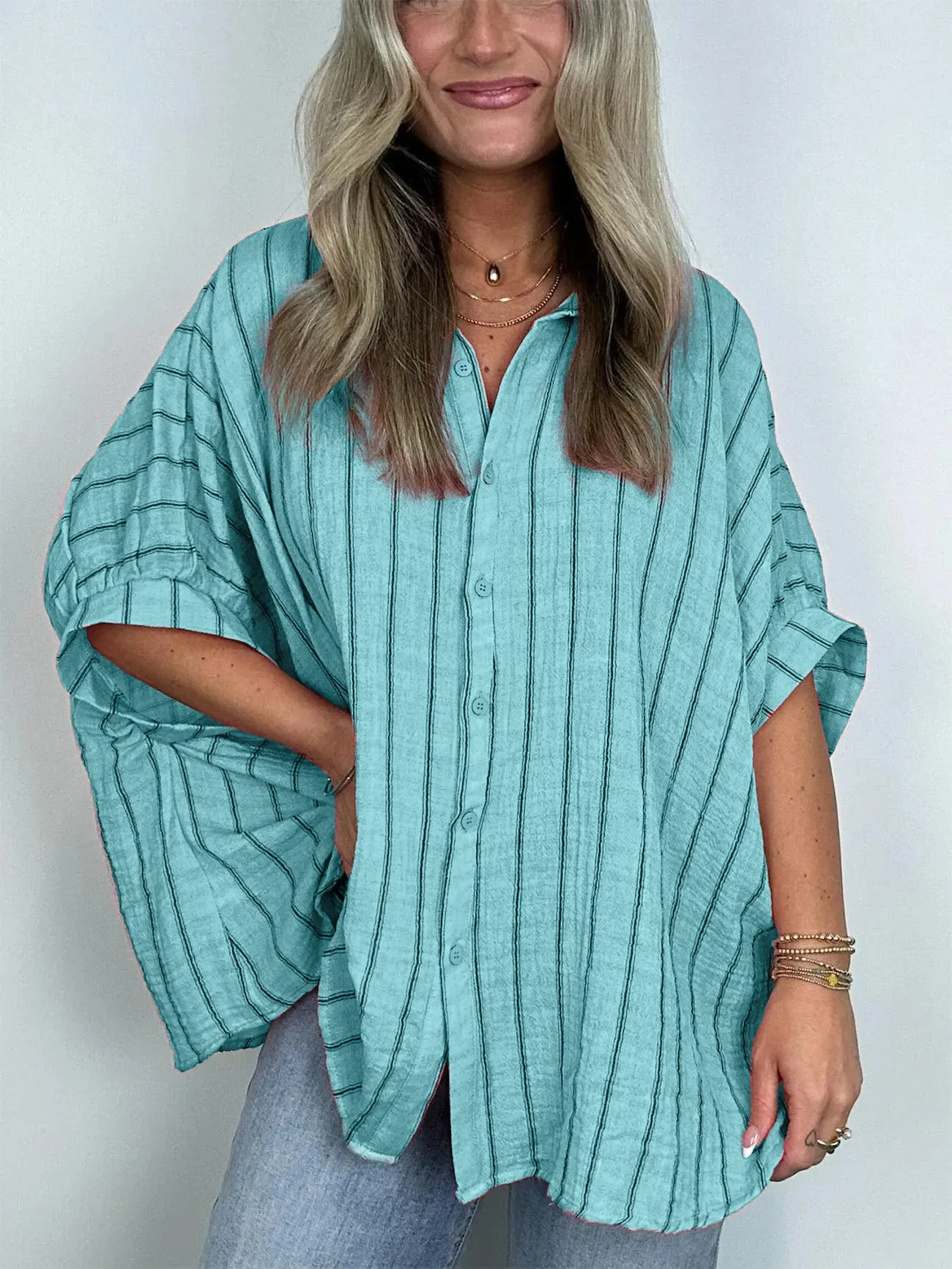2024 Popular Oversized Striped Button Down Top Shirt Jacket(50% OFF🔥)