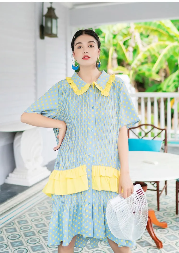 8GIRLS DESIGN CRINKLE SMOCK DRESS WITH FRILL COLLAR IN YELLOW SPOT