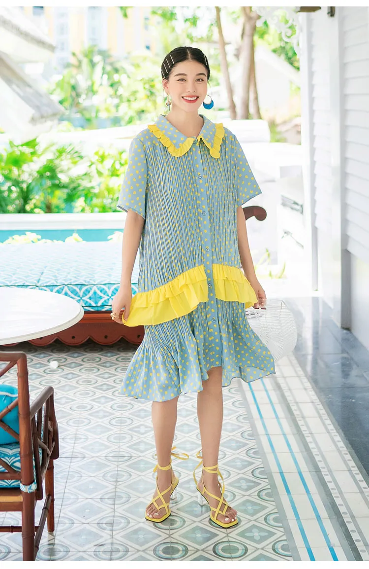 8GIRLS DESIGN CRINKLE SMOCK DRESS WITH FRILL COLLAR IN YELLOW SPOT