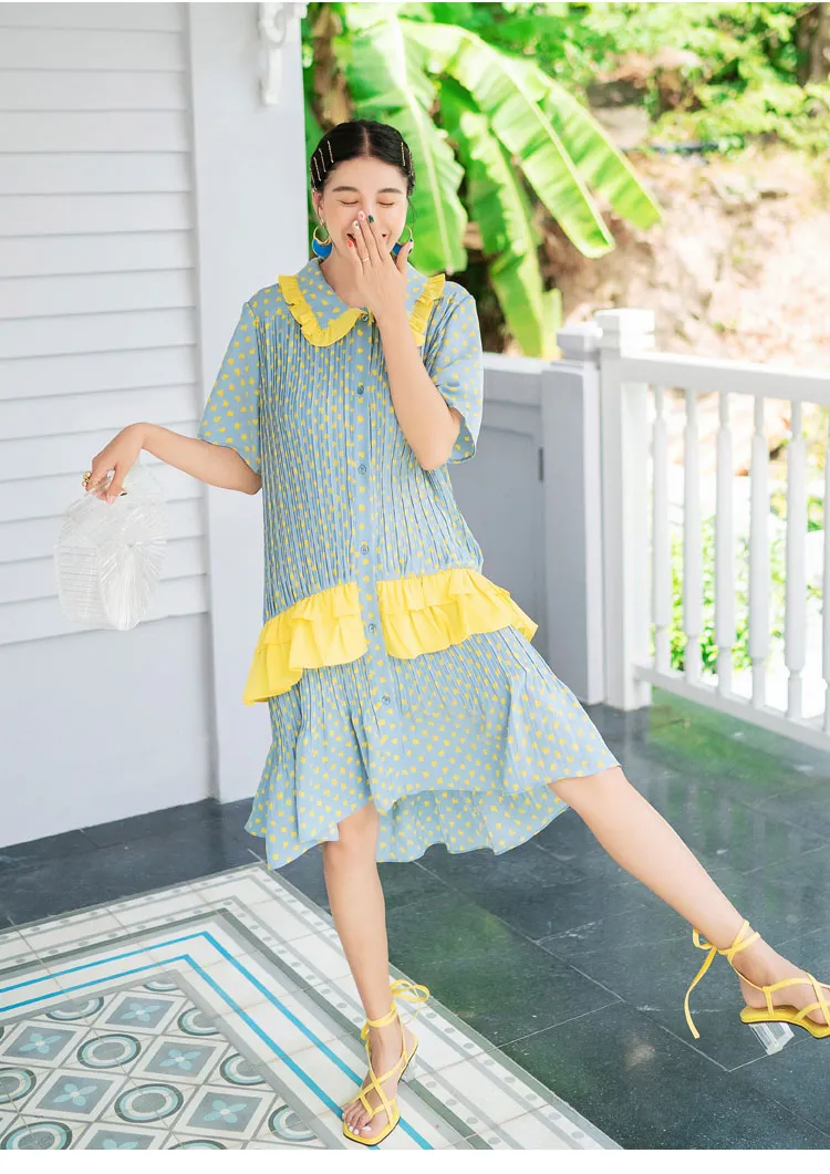 8GIRLS DESIGN CRINKLE SMOCK DRESS WITH FRILL COLLAR IN YELLOW SPOT