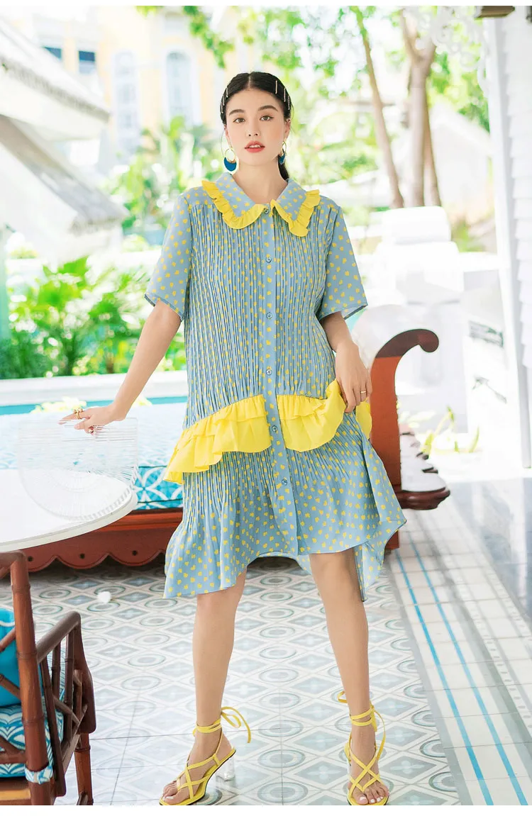 8GIRLS DESIGN CRINKLE SMOCK DRESS WITH FRILL COLLAR IN YELLOW SPOT