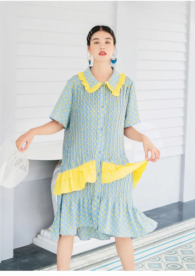 8GIRLS DESIGN CRINKLE SMOCK DRESS WITH FRILL COLLAR IN YELLOW SPOT