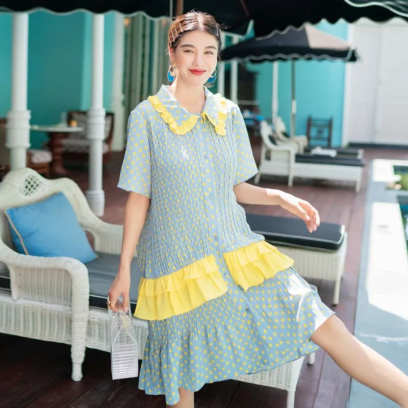 8GIRLS DESIGN CRINKLE SMOCK DRESS WITH FRILL COLLAR IN YELLOW SPOT