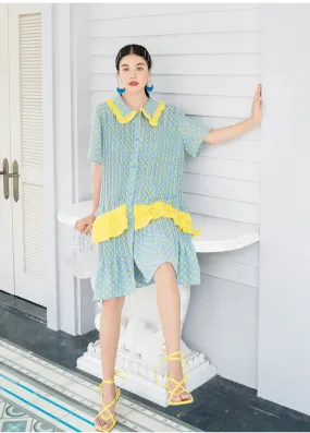 8GIRLS DESIGN CRINKLE SMOCK DRESS WITH FRILL COLLAR IN YELLOW SPOT