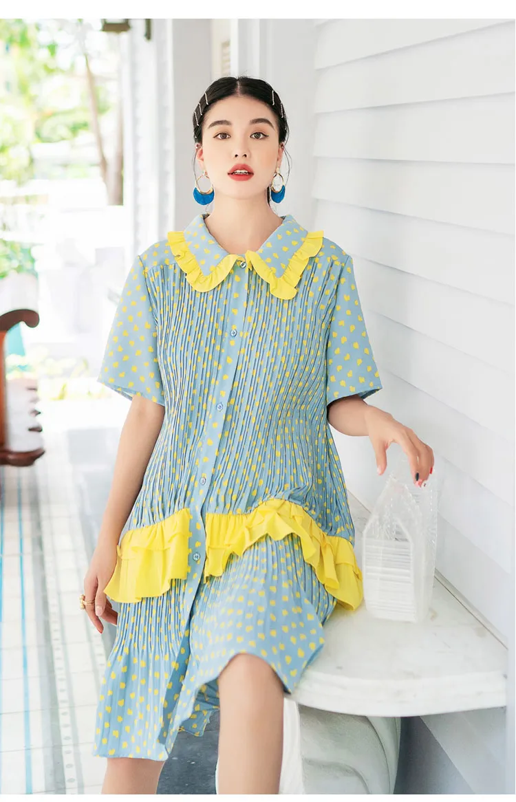 8GIRLS DESIGN CRINKLE SMOCK DRESS WITH FRILL COLLAR IN YELLOW SPOT
