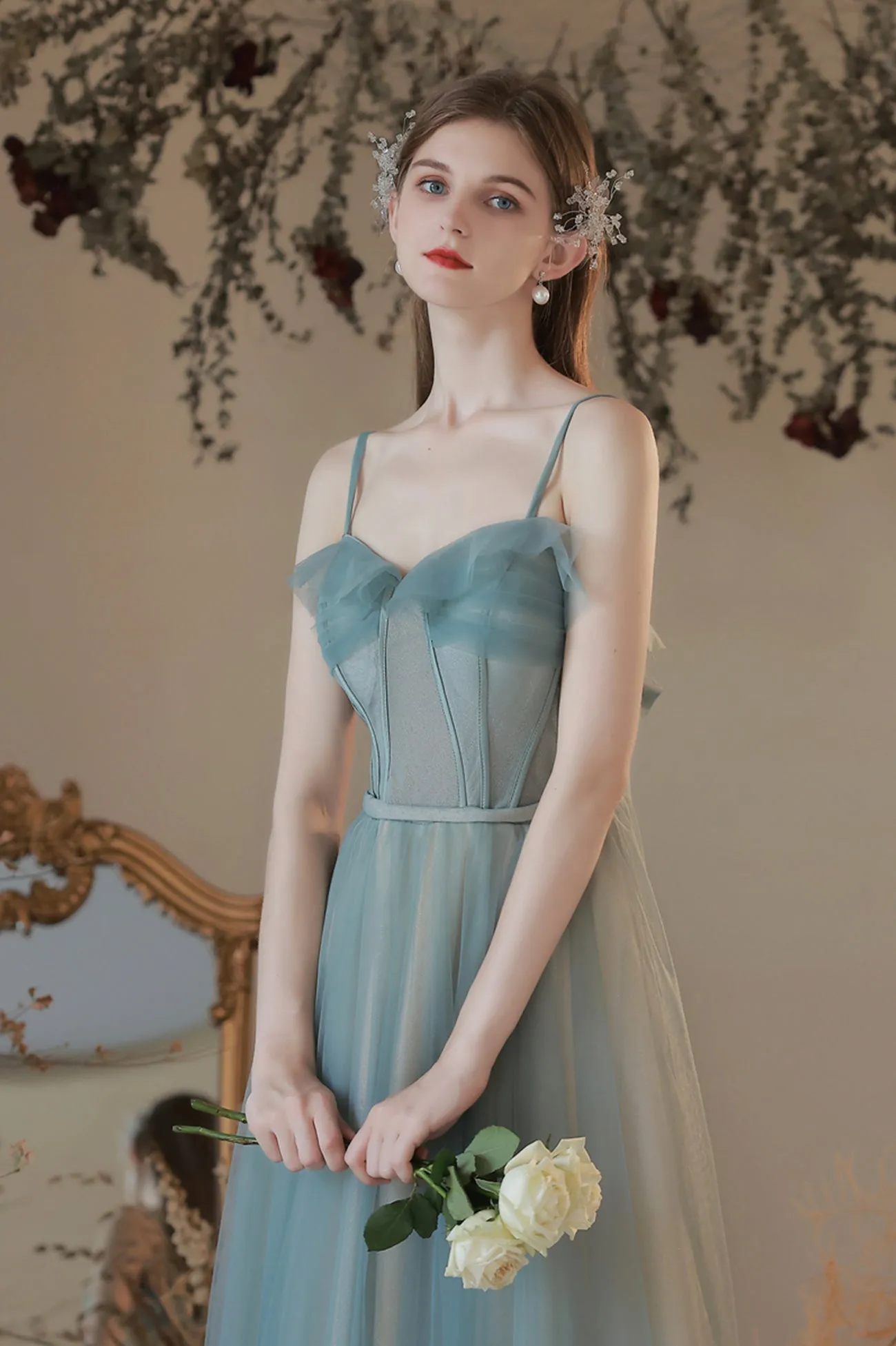 A-Line Tulle Long Prom Dress, Simple Spaghetti Strap Evening Dress