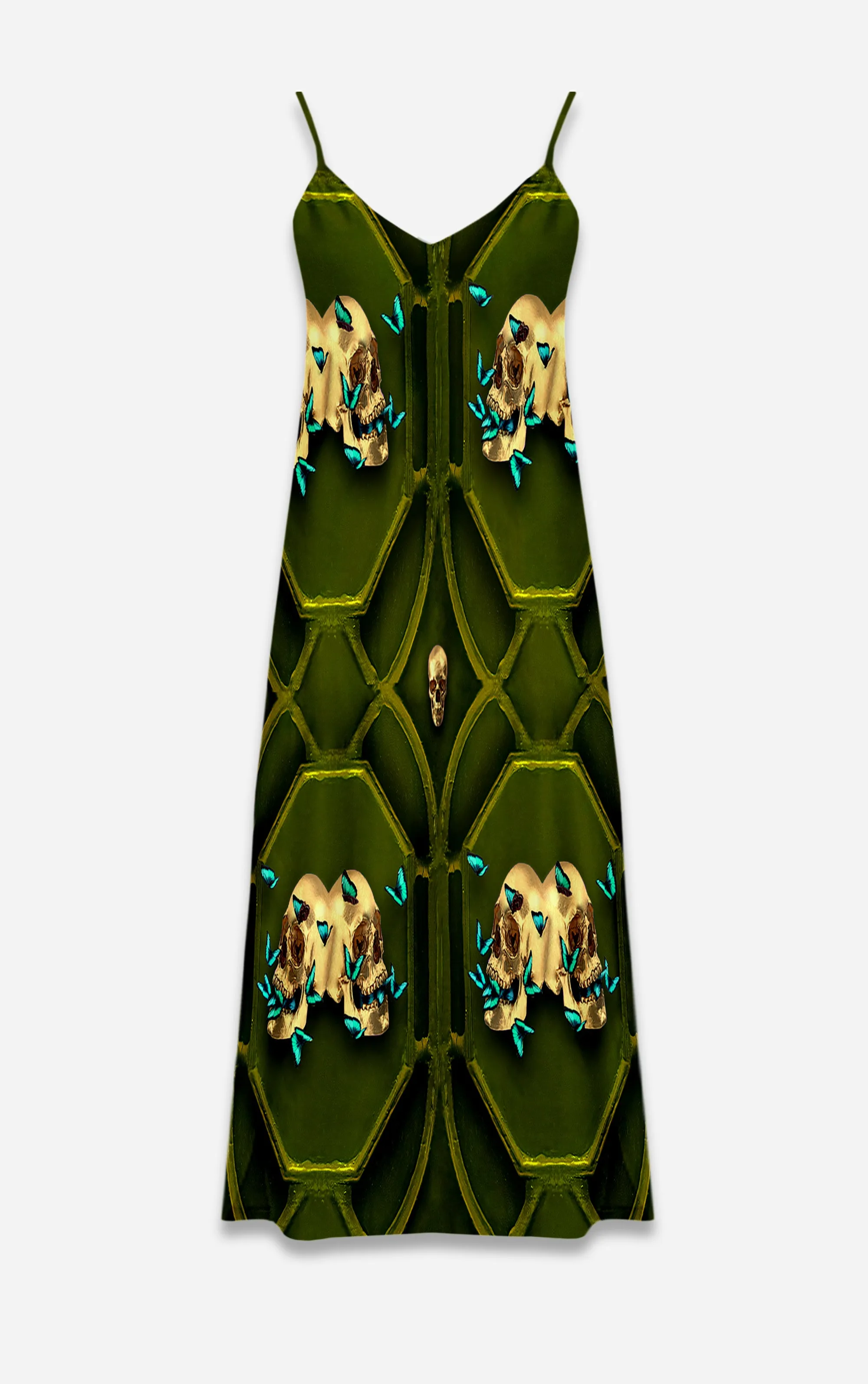 All Saints Double Nouveau- 100% Silk Satin French Gothic V Neck Slip Dress in Bold Olive | Le Leanian™