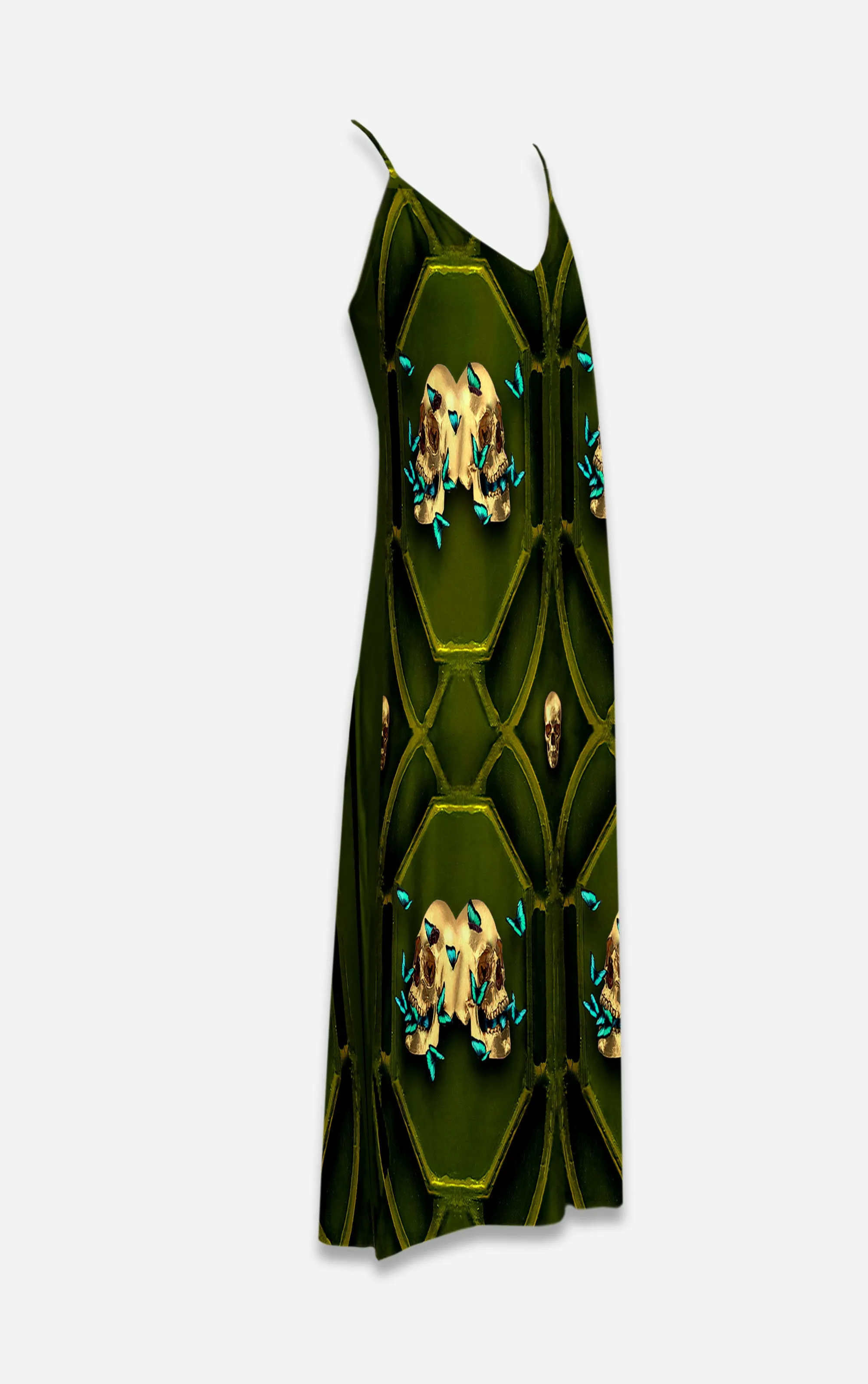 All Saints Double Nouveau- 100% Silk Satin French Gothic V Neck Slip Dress in Bold Olive | Le Leanian™