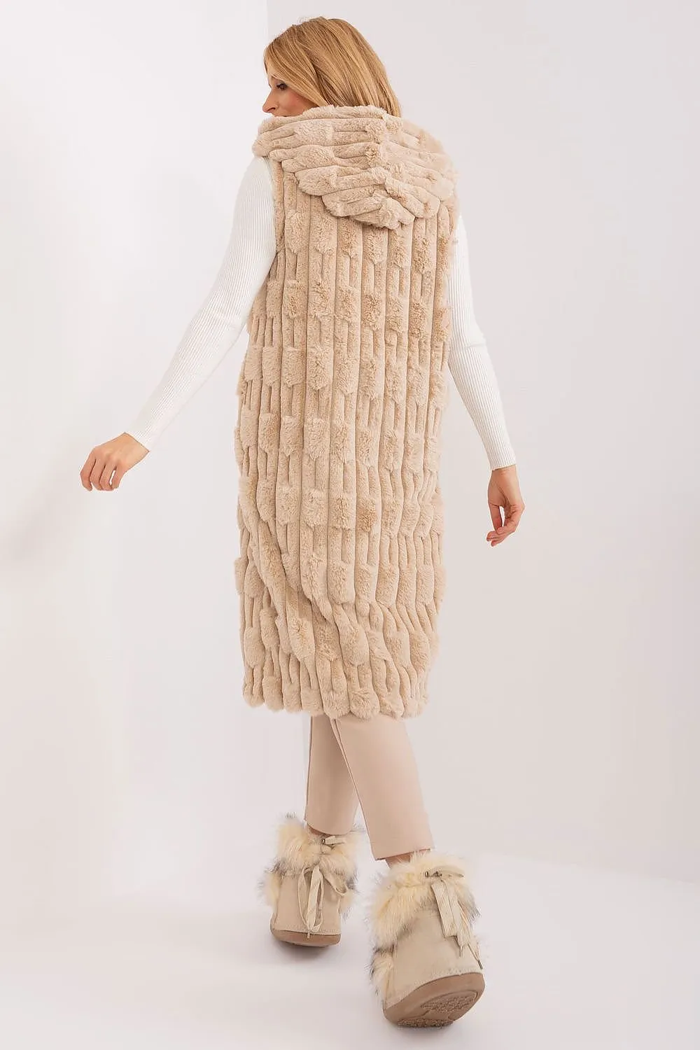 AT European Textured Plush Calf-length Hooded Vest/Gilet