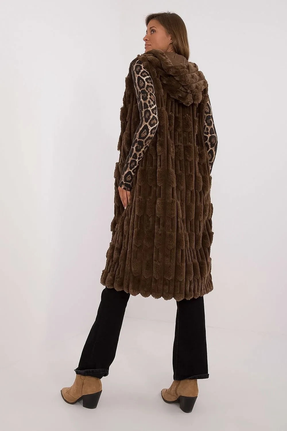 AT European Textured Plush Calf-length Hooded Vest/Gilet