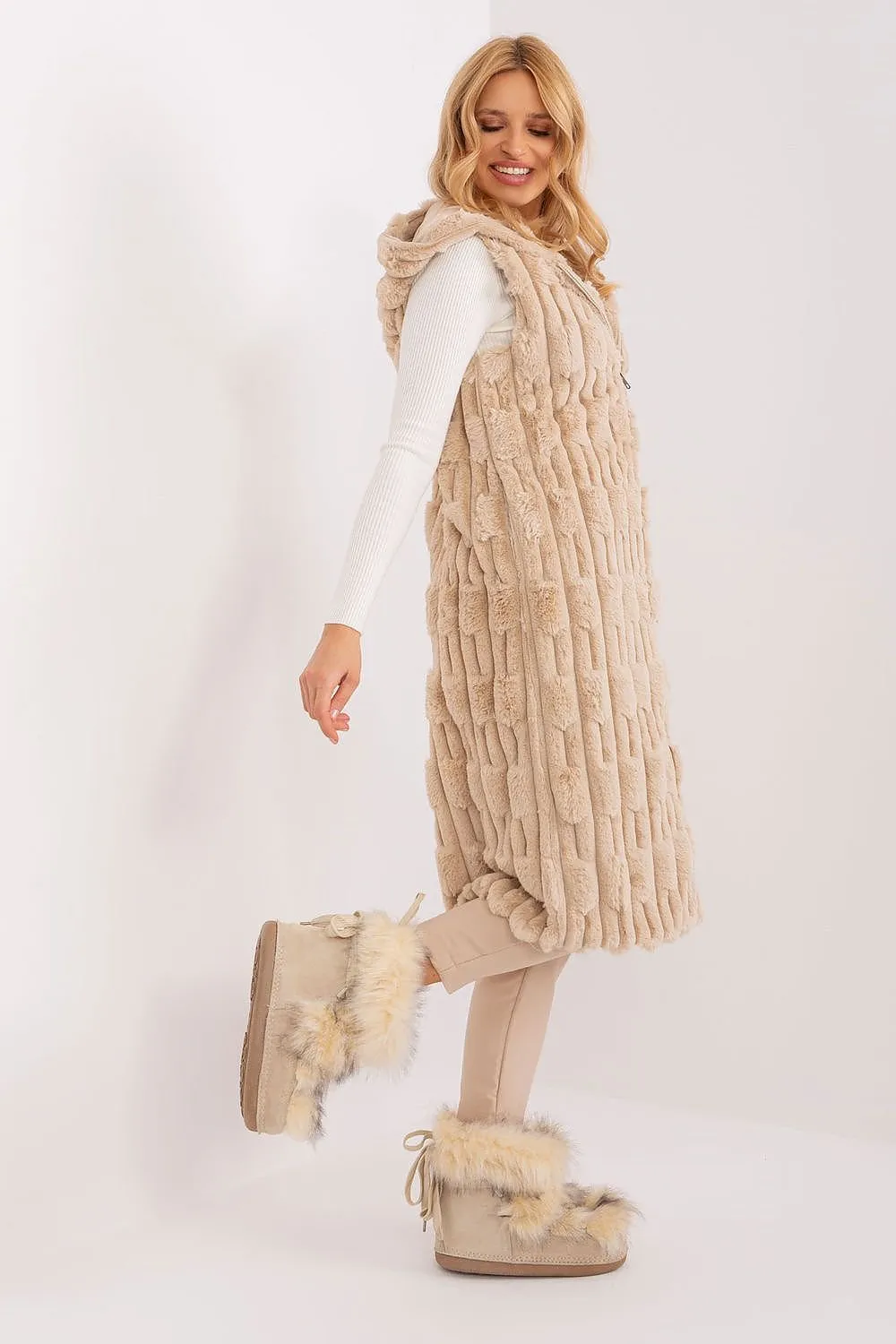 AT European Textured Plush Calf-length Hooded Vest/Gilet