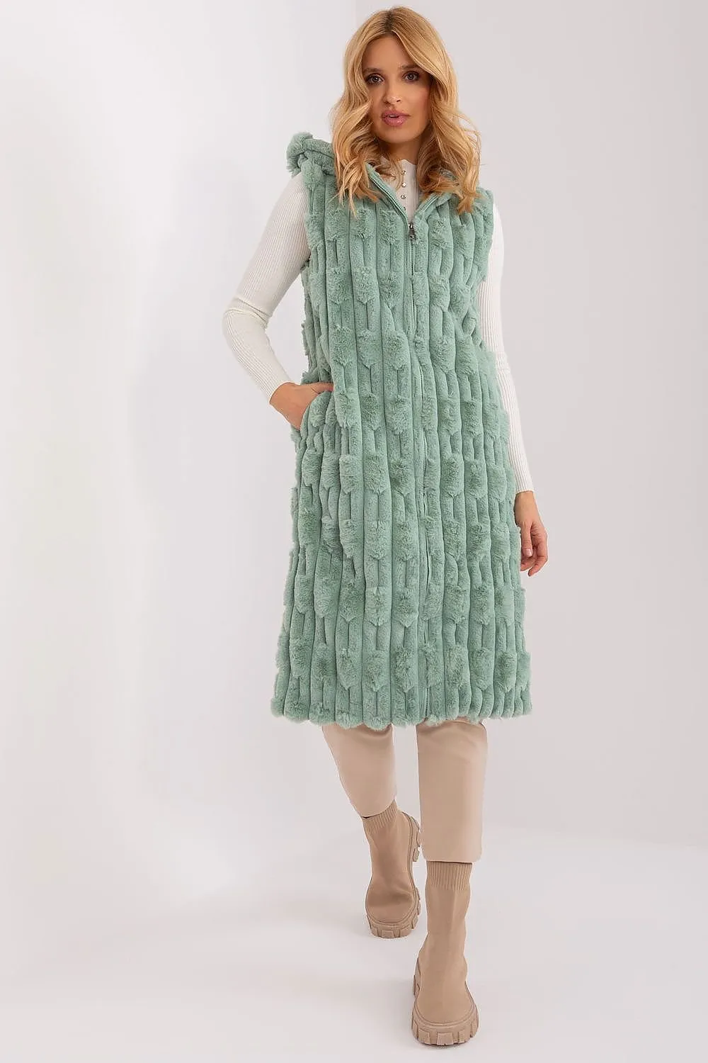 AT European Textured Plush Calf-length Hooded Vest/Gilet