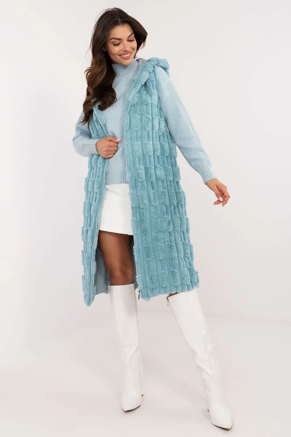 AT European Textured Plush Calf-length Hooded Vest/Gilet