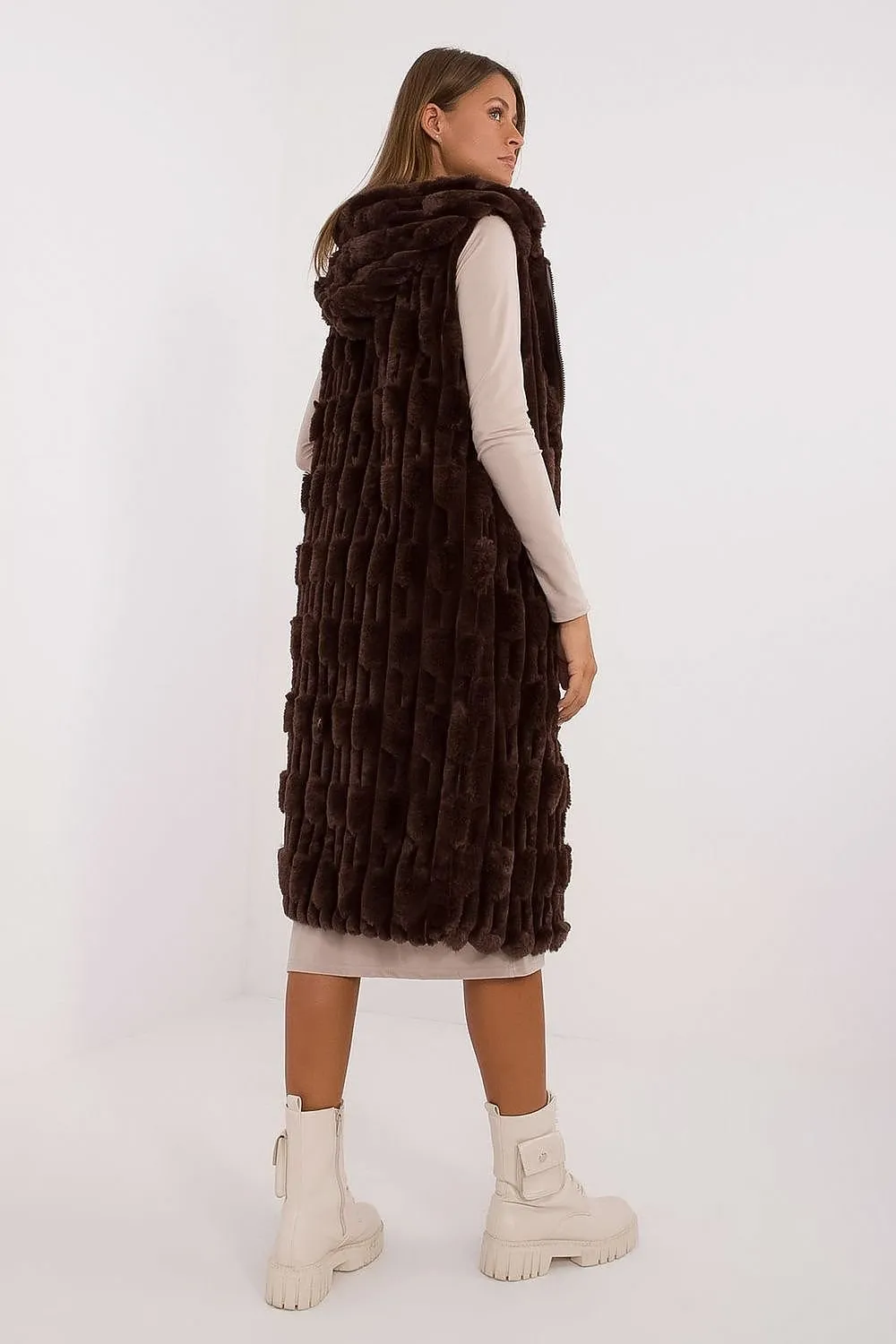 AT European Textured Plush Calf-length Hooded Vest/Gilet