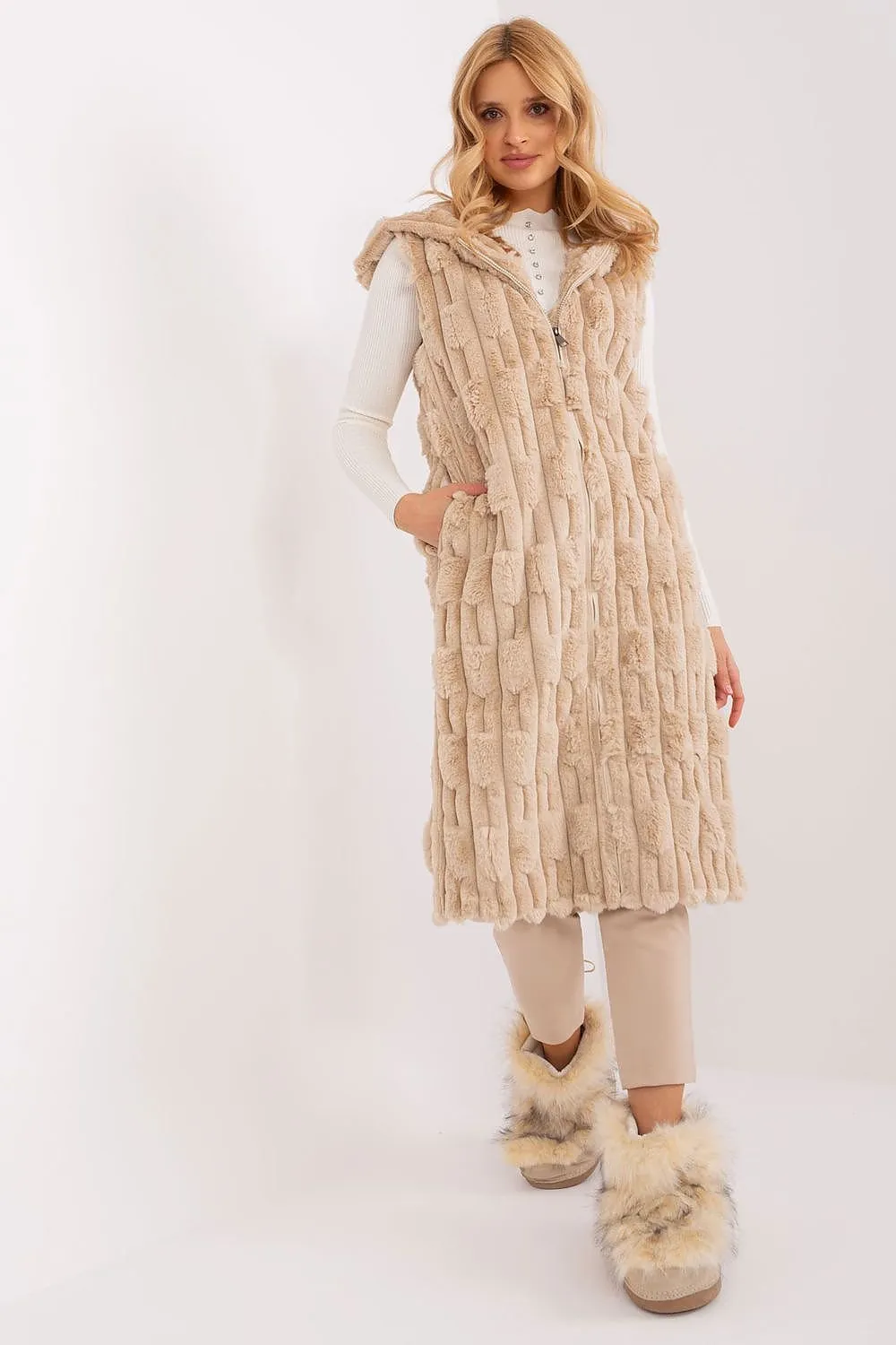 AT European Textured Plush Calf-length Hooded Vest/Gilet