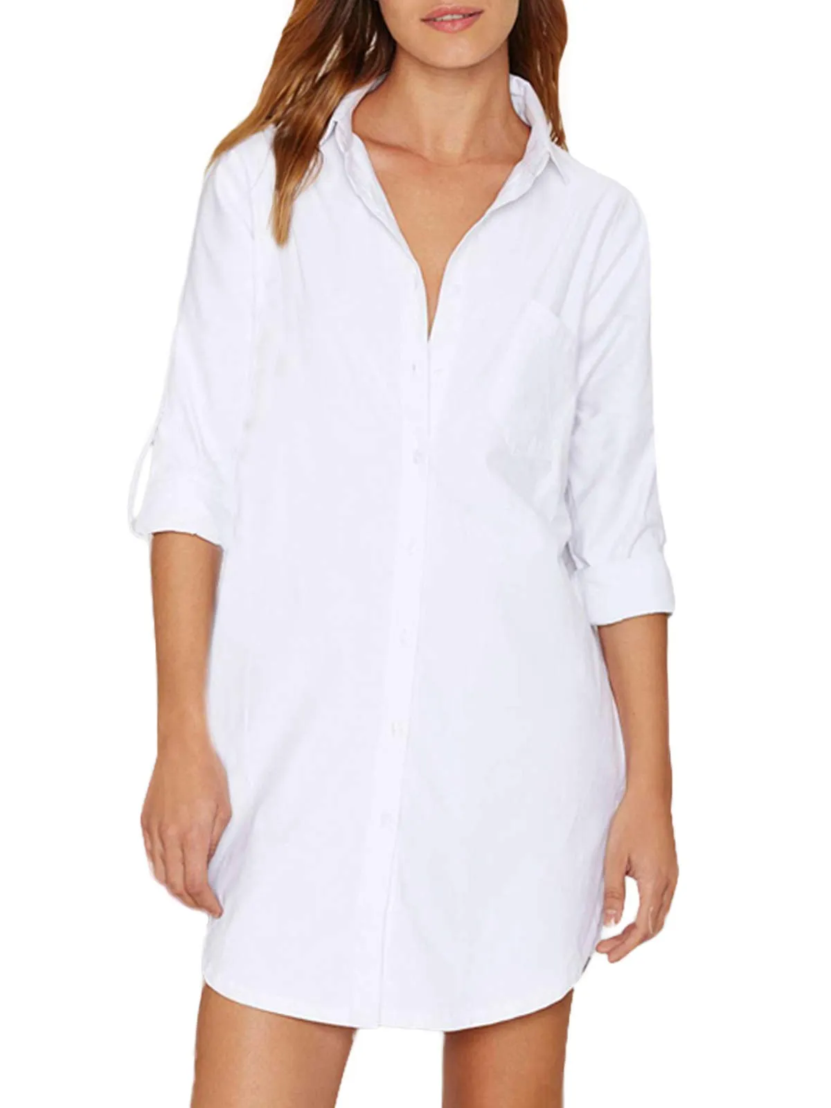 Auxo Women Casual Loose Button V Neck Long Sleeve Shirt Irregular Oversized Long Tops Blouse XL Solid White