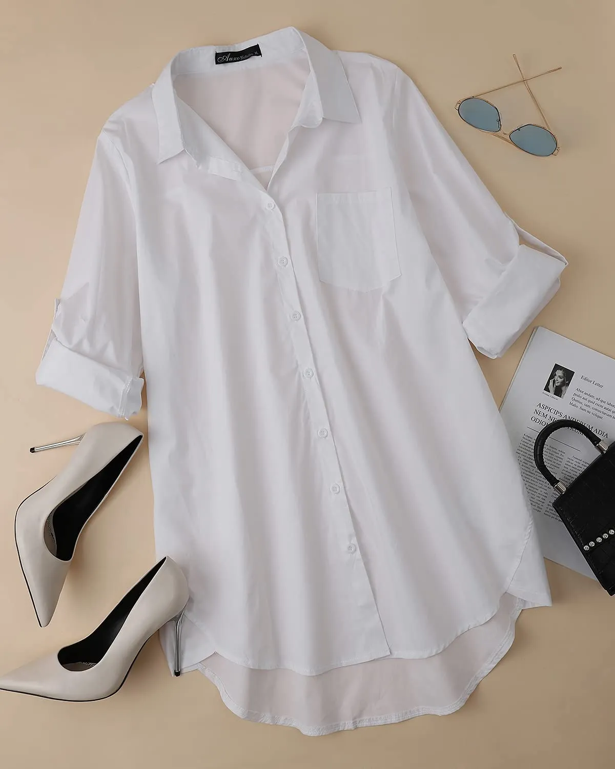 Auxo Women Casual Loose Button V Neck Long Sleeve Shirt Irregular Oversized Long Tops Blouse XL Solid White