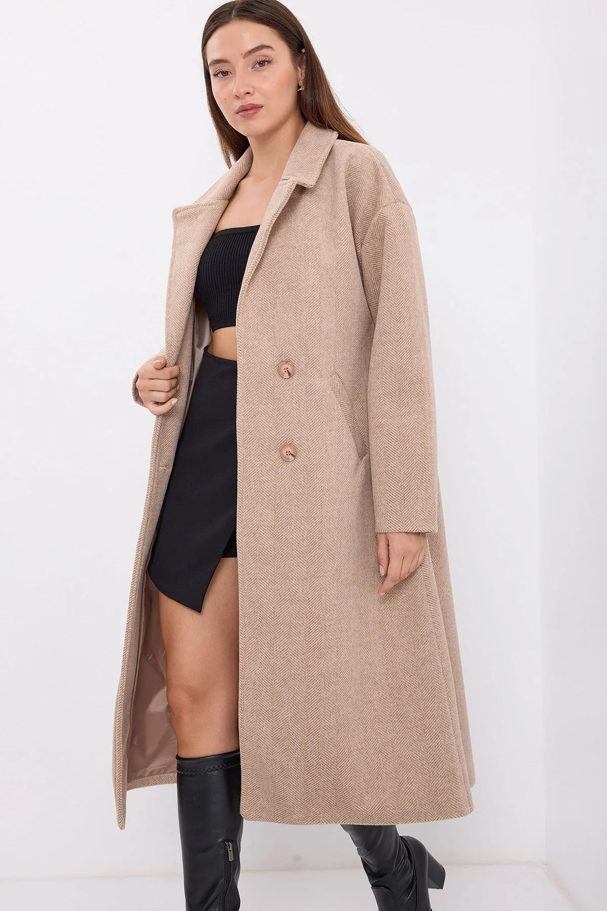 BGD Women Oversize Wide Cut Wool Long Coat - Biscuit - Avondale