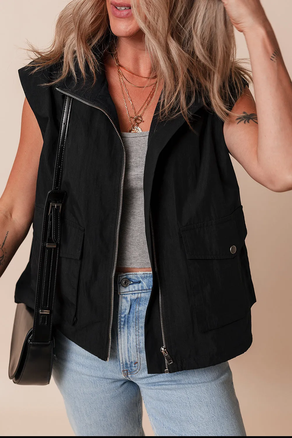 Black Flap Pockets Zip Up High Neck Gilet