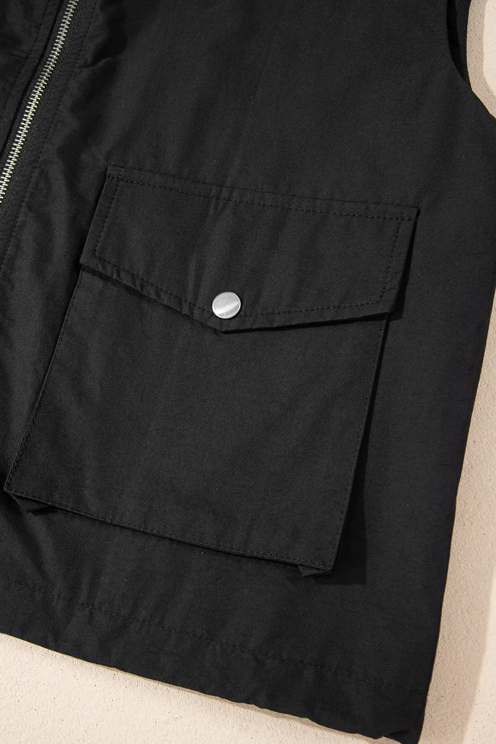 Black Flap Pockets Zip Up High Neck Gilet