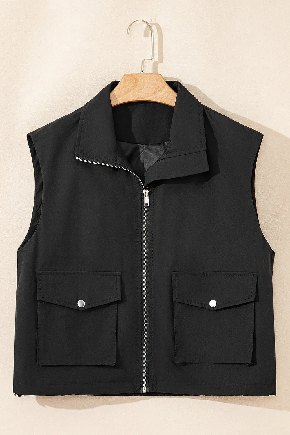 Black Flap Pockets Zip Up High Neck Gilet