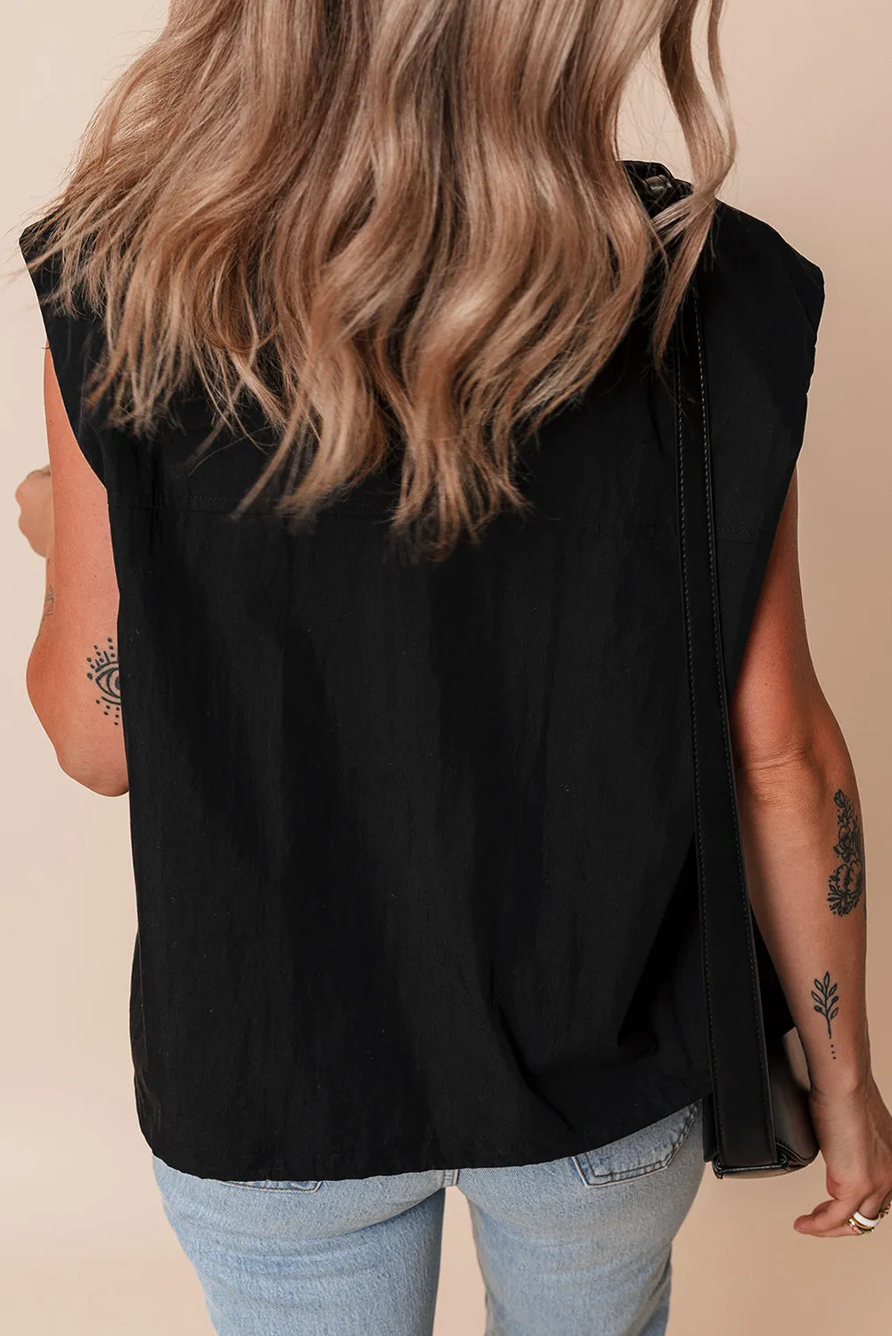 Black Flap Pockets Zip Up High Neck Gilet