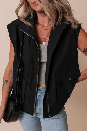 Black Flap Pockets Zip Up High Neck Gilet