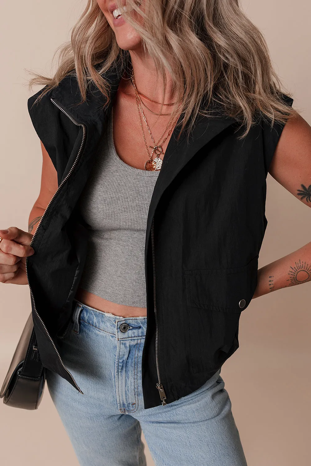 Black Flap Pockets Zip Up High Neck Gilet