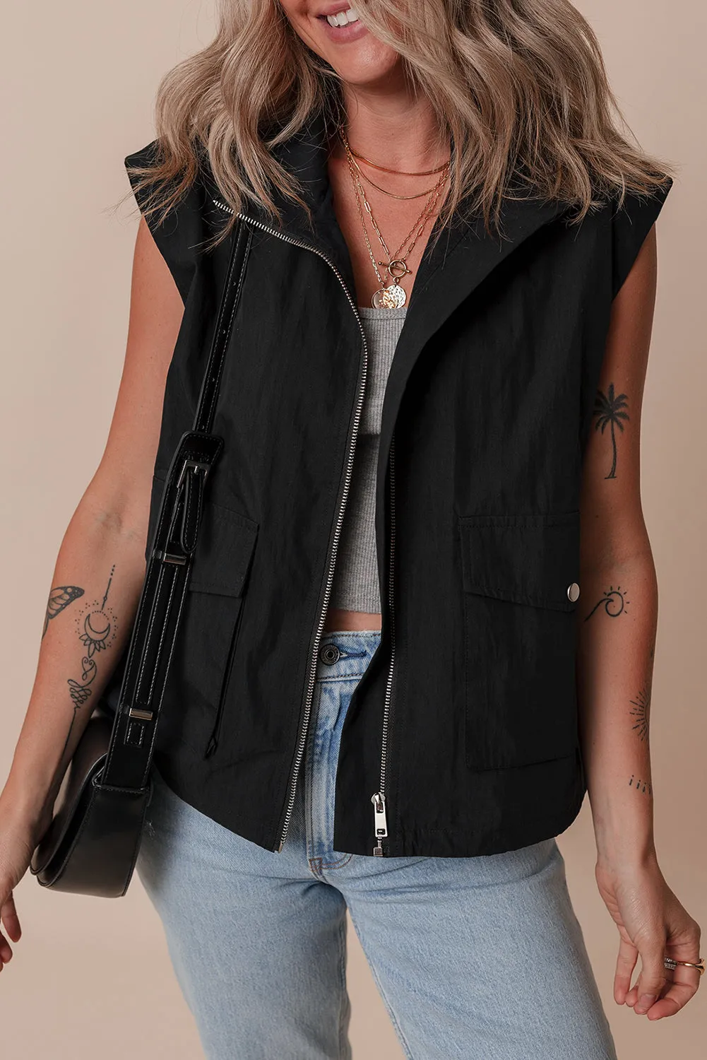 Black Flap Pockets Zip Up High Neck Gilet