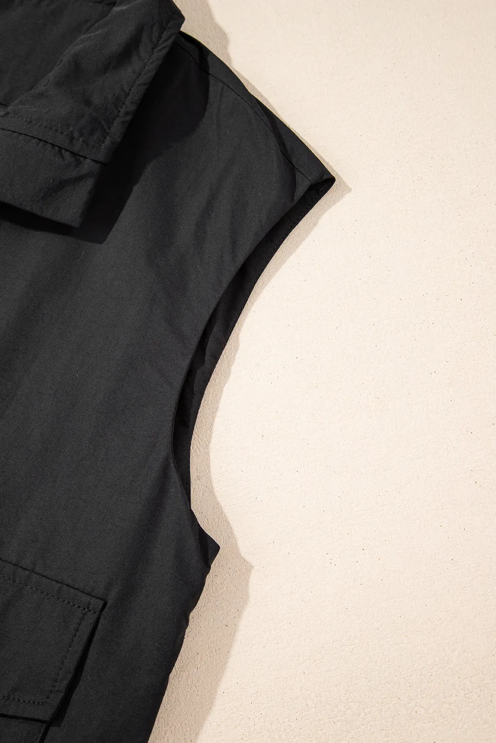 Black Flap Pockets Zip Up High Neck Gilet