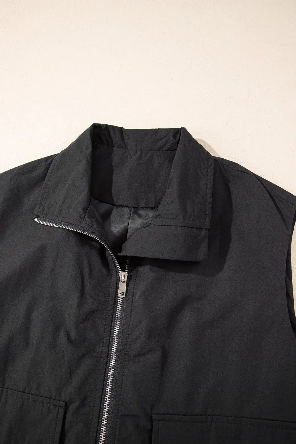 Black Flap Pockets Zip Up High Neck Gilet