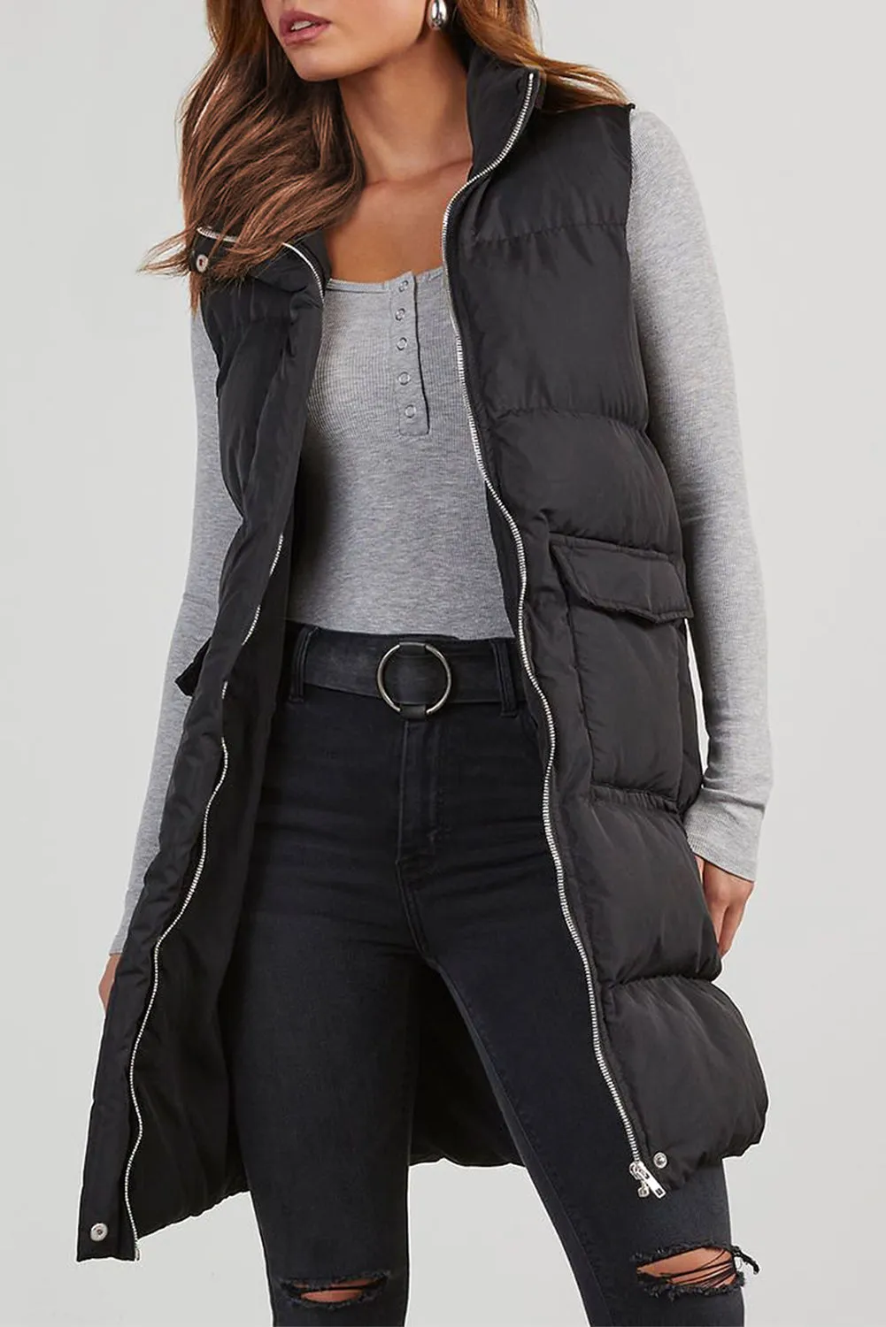 Black Windproof Longline Full Zipper Puffer Gilet with Pockets