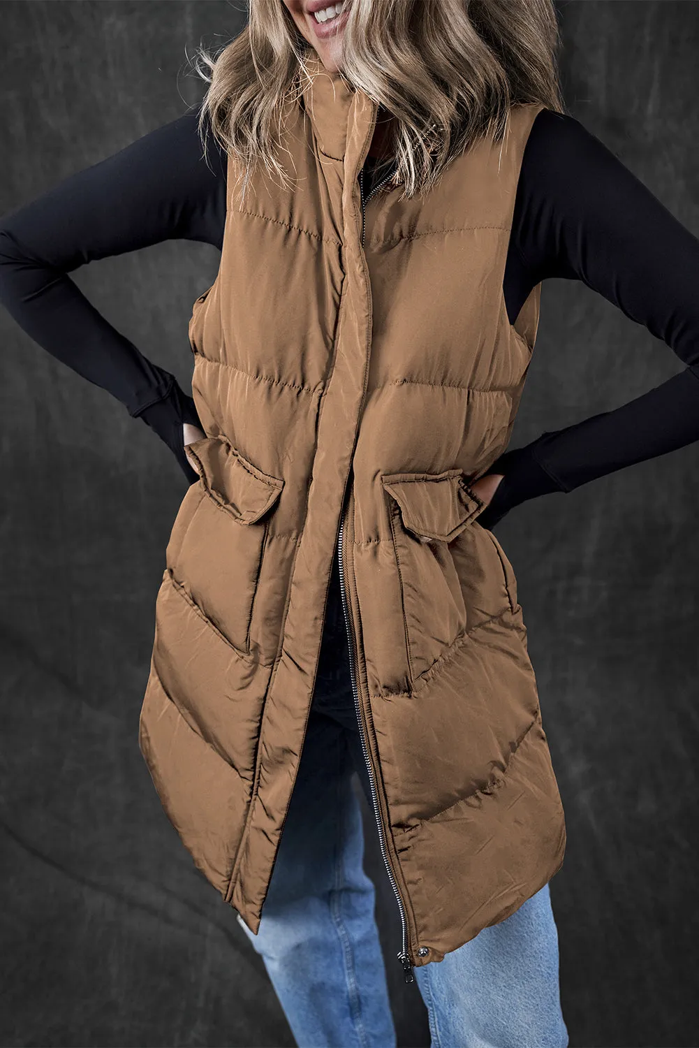 Black Windproof Longline Full Zipper Puffer Gilet with Pockets