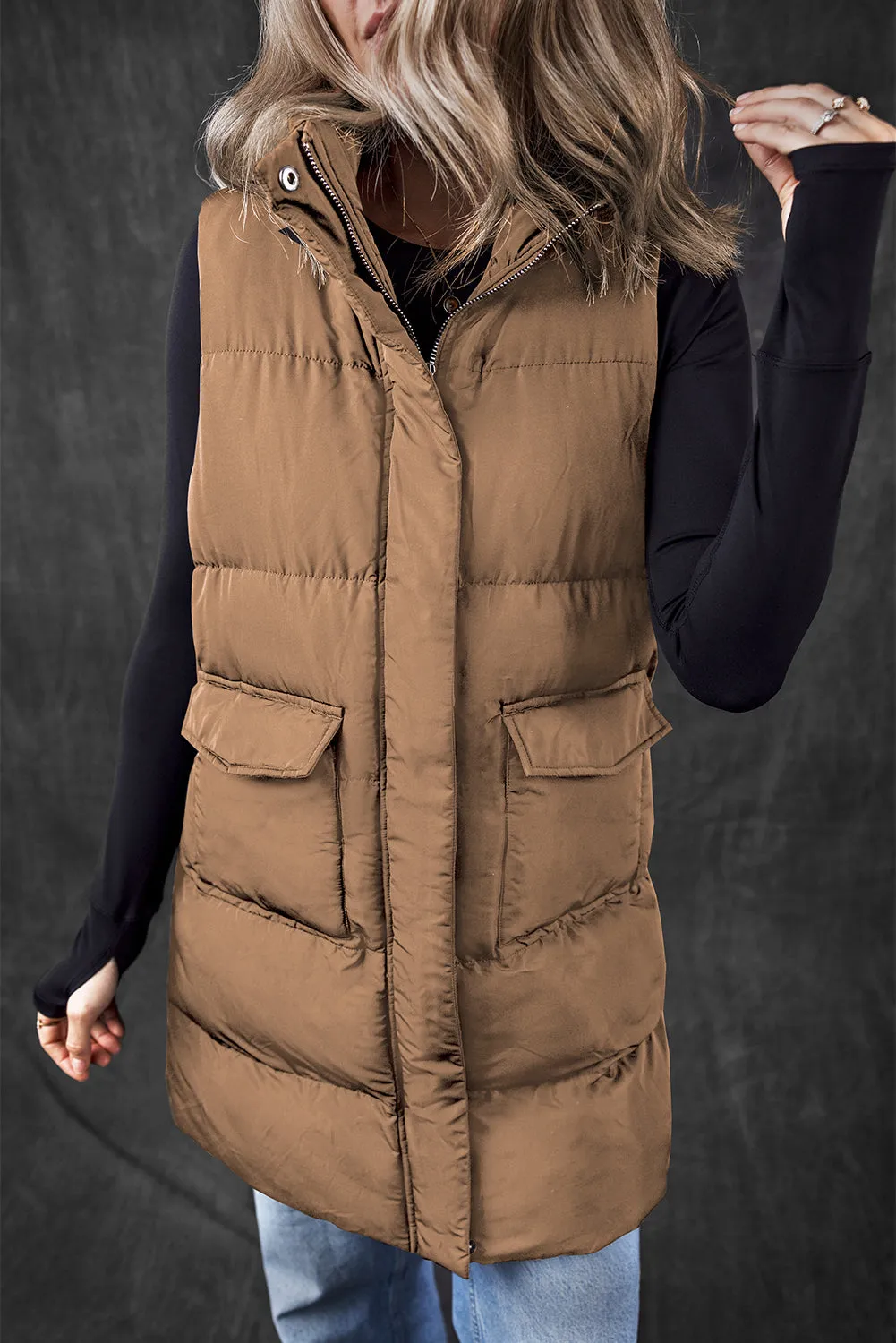 Black Windproof Longline Full Zipper Puffer Gilet with Pockets