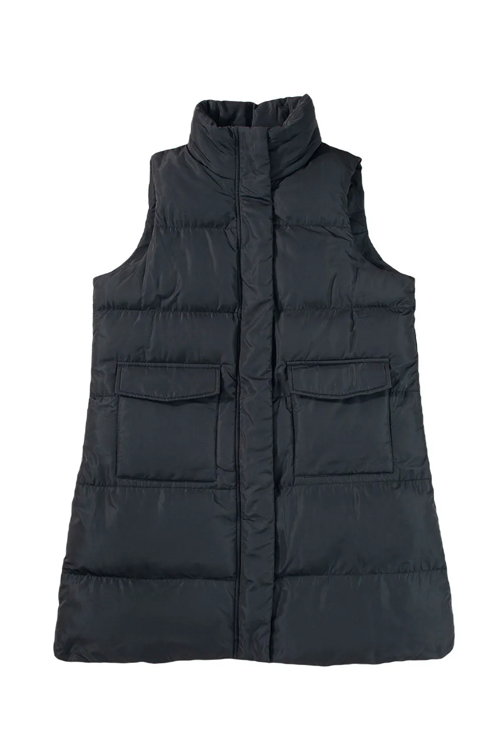 Black Windproof Longline Full Zipper Puffer Gilet with Pockets