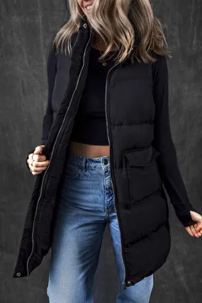 Black Windproof Longline Full Zipper Puffer Gilet with Pockets