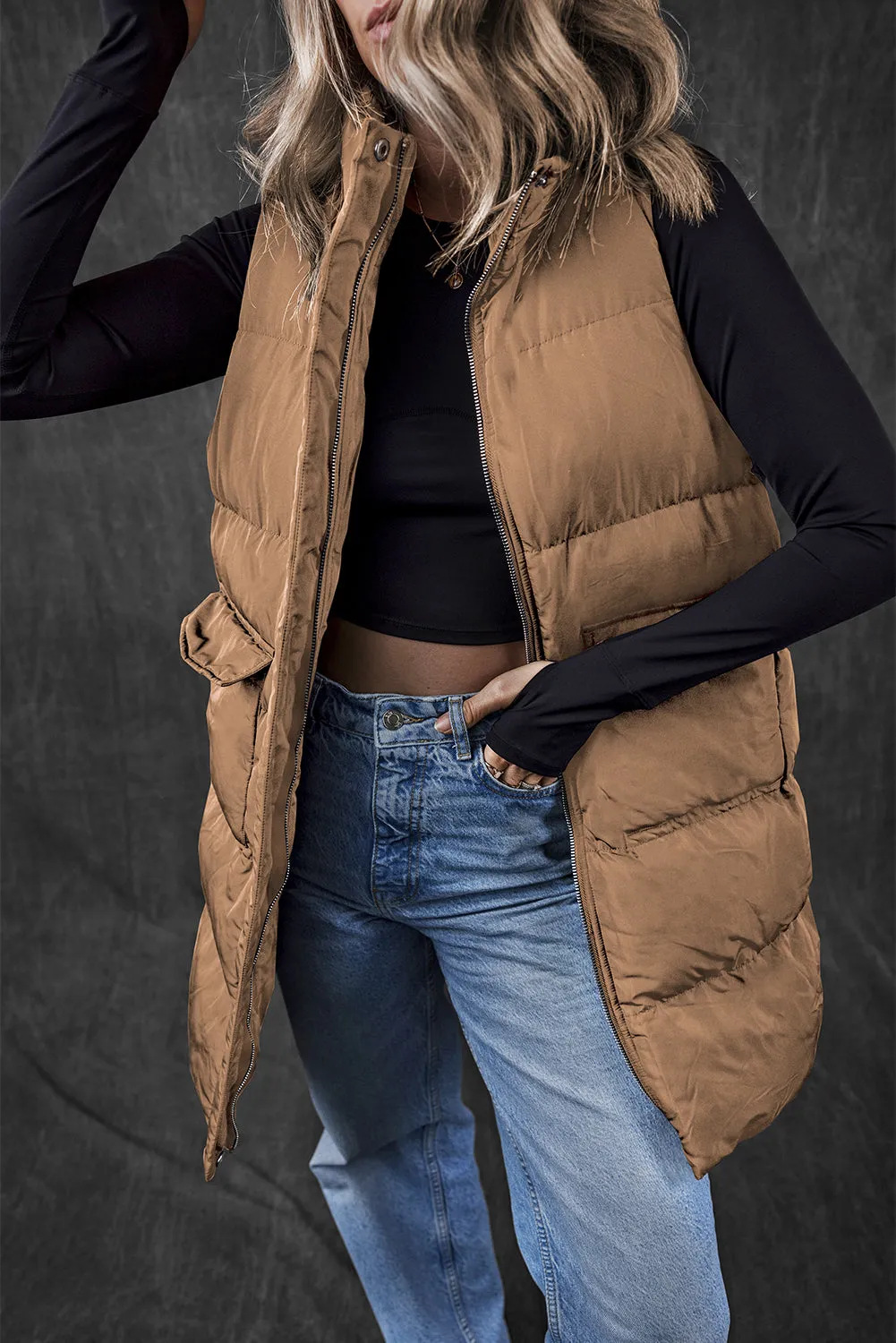 Black Windproof Longline Full Zipper Puffer Gilet with Pockets