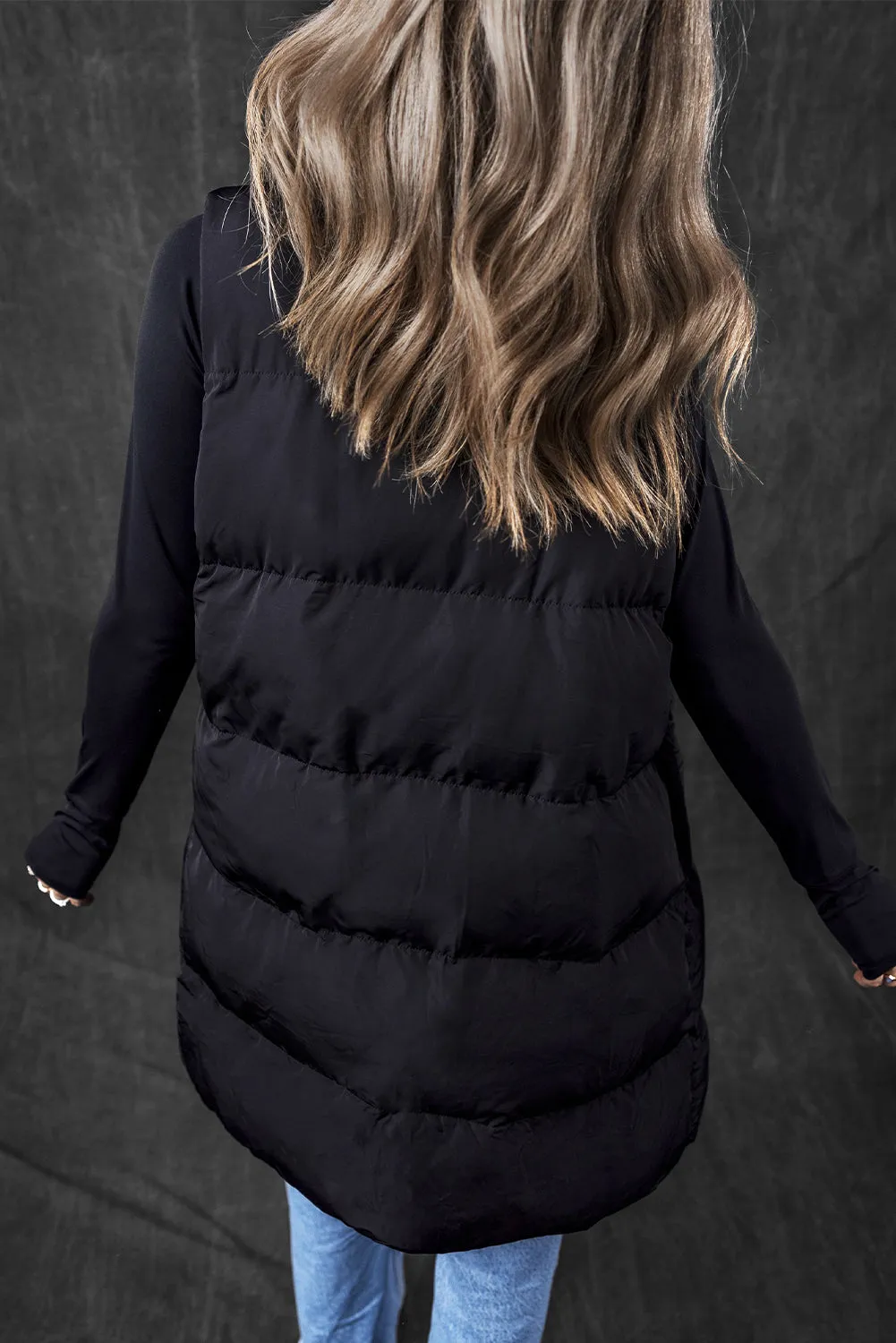 Black Windproof Longline Full Zipper Puffer Gilet with Pockets