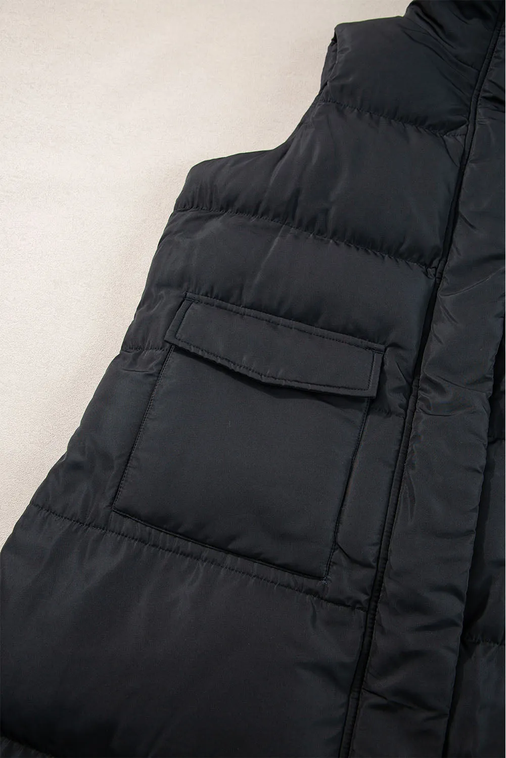 Black Windproof Longline Full Zipper Puffer Gilet with Pockets