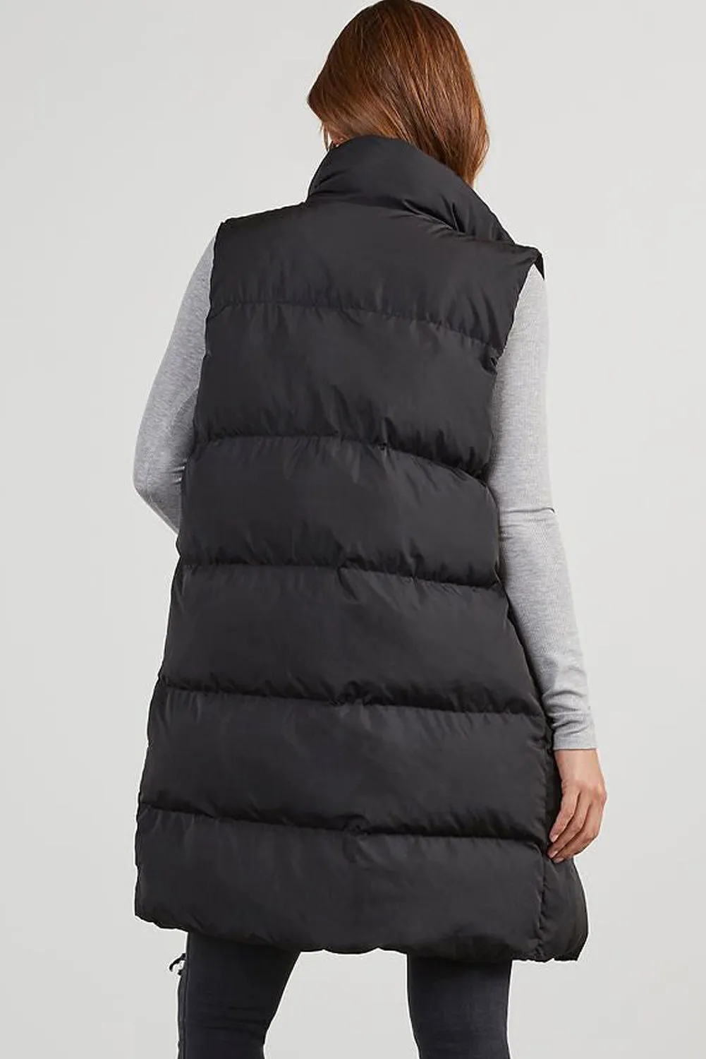Black Windproof Longline Full Zipper Puffer Gilet with Pockets