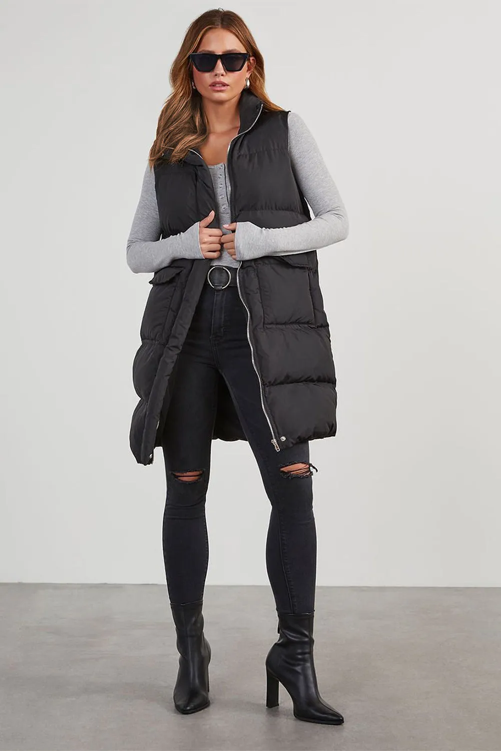 Black Windproof Longline Full Zipper Puffer Gilet with Pockets