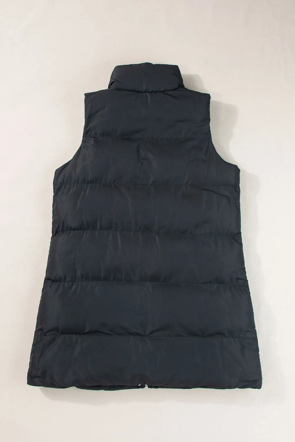 Black Windproof Longline Full Zipper Puffer Gilet with Pockets