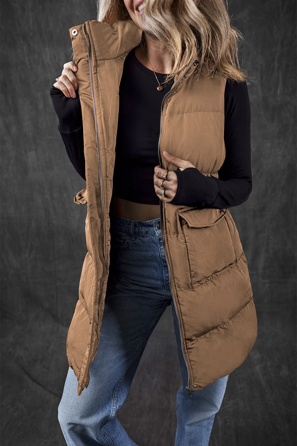 Black Windproof Longline Full Zipper Puffer Gilet with Pockets