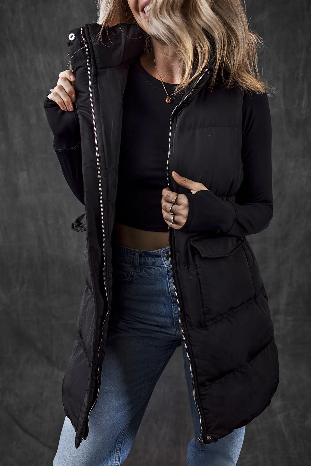 Black Windproof Longline Full Zipper Puffer Gilet with Pockets