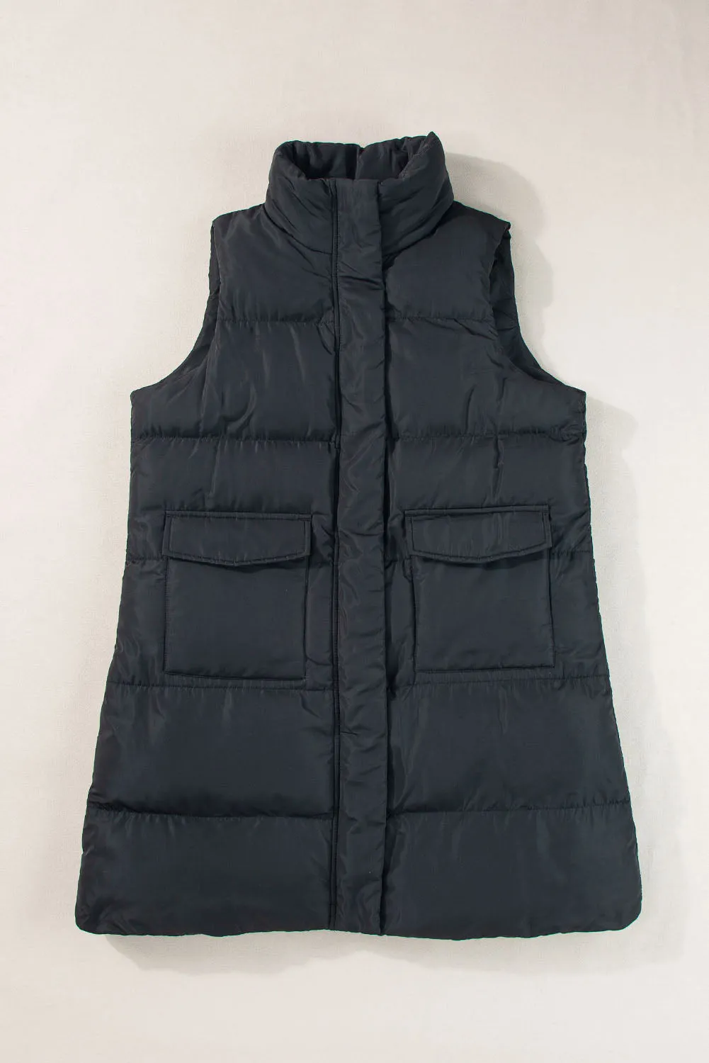 Black Windproof Longline Full Zipper Puffer Gilet with Pockets