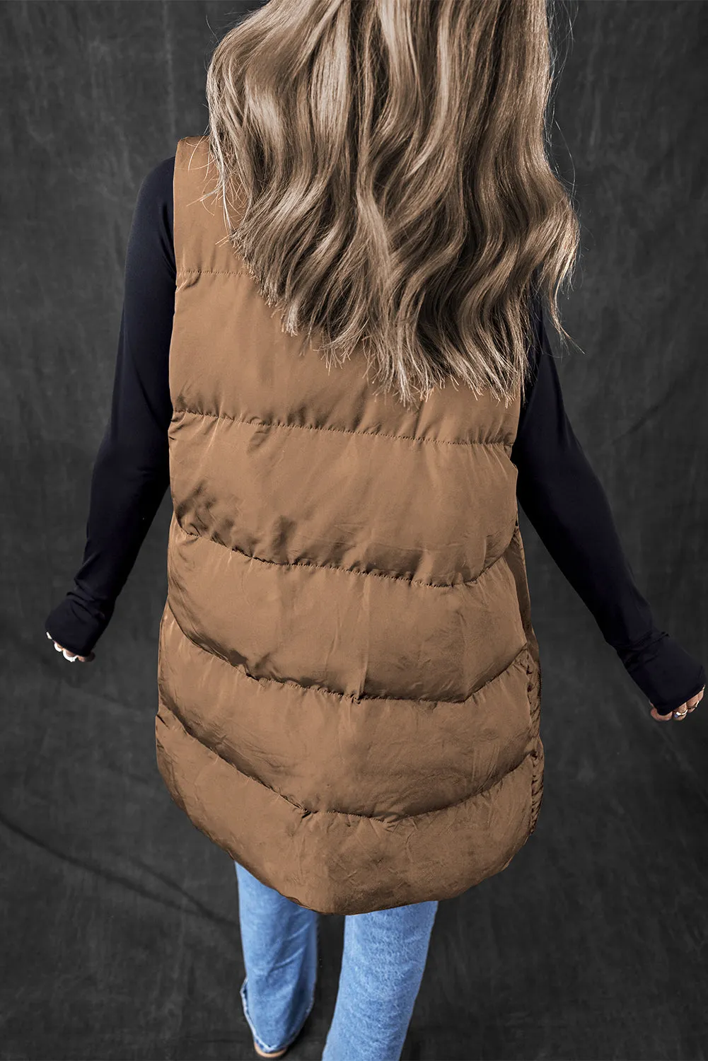 Black Windproof Longline Full Zipper Puffer Gilet with Pockets