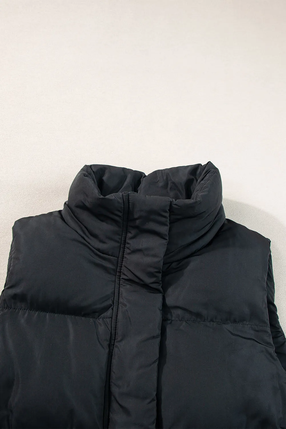 Black Windproof Longline Full Zipper Puffer Gilet with Pockets