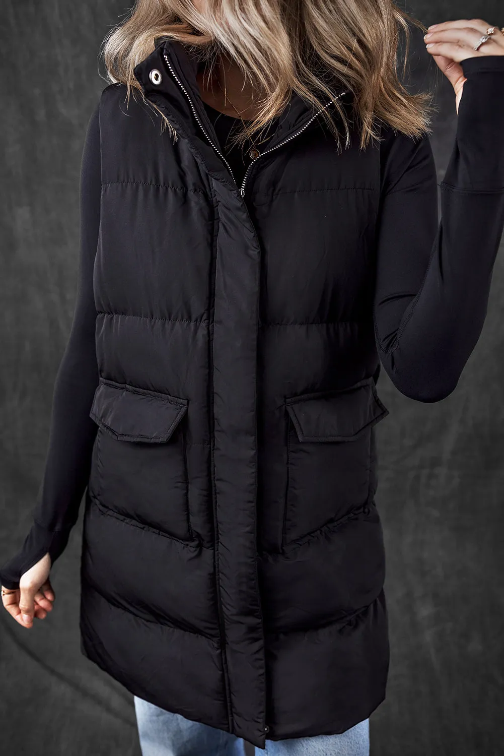 Black Windproof Longline Full Zipper Puffer Gilet with Pockets