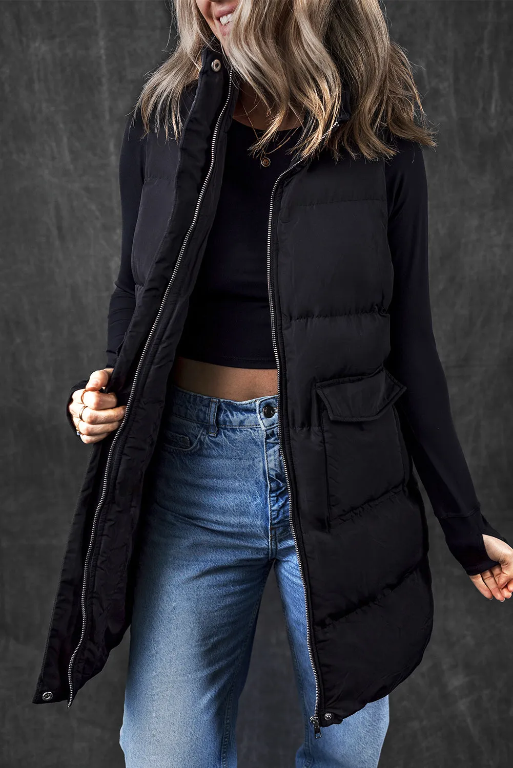 Black Windproof Longline Full Zipper Puffer Gilet with Pockets